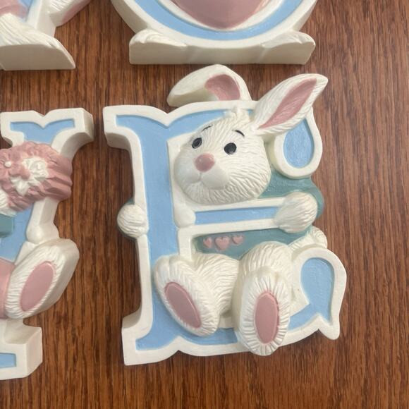 Vintage Burwood Wall Decor LOVE Bunny Rabbits Nursery Girl Boy Room Pink Blue - Picture 6 of 8